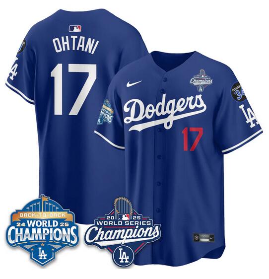 Men's Royal Los Angeles Dodgers #17 Shohei Ohtani 2025 World Series Champions & Back to Back Champions With No.34 Patch Limited Stitched Baseball Jersey